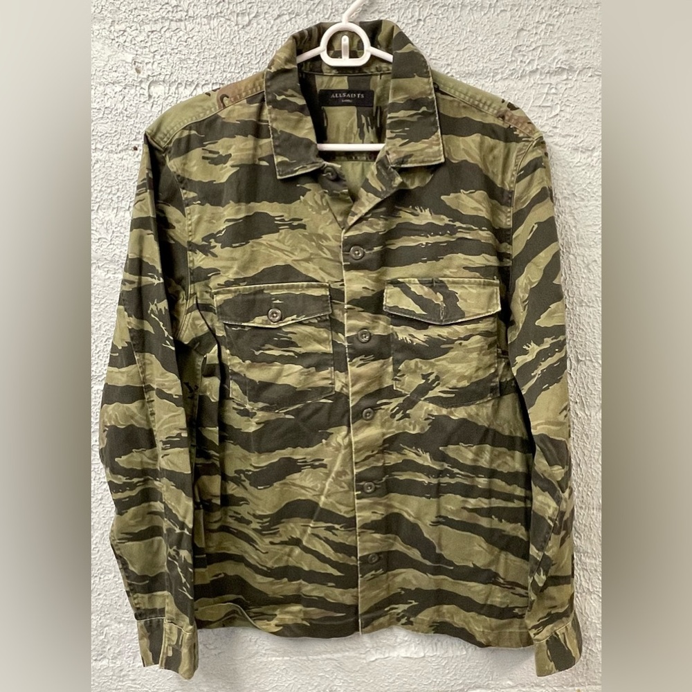 All Saints Men's Camouflage Button Down Shirt Jacket - Large